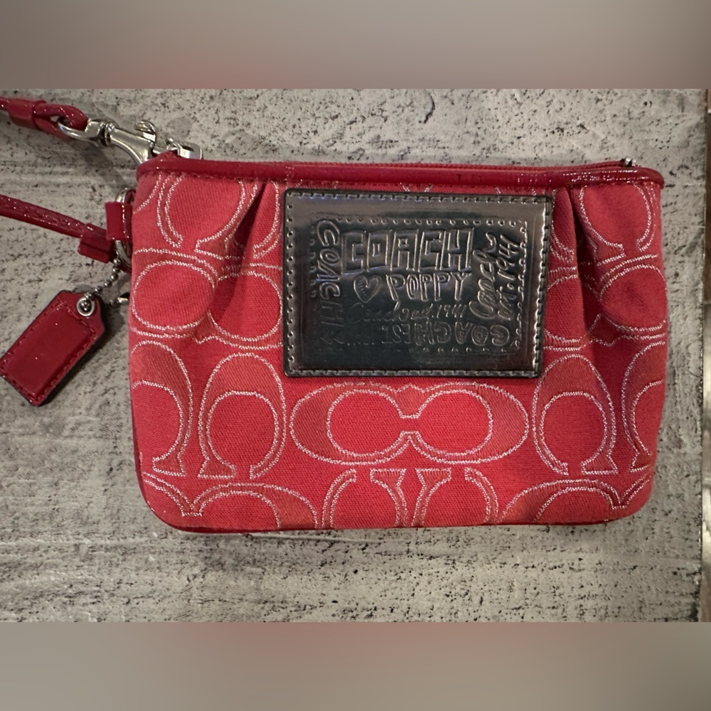Coach Poppy Signature Red and Silver Wristlet EUC